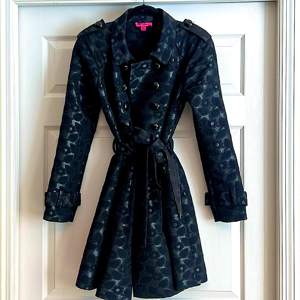 Betsey Johnson Coat Jacket Black Metallic Double Breasted 8 $398 NWOT Trench